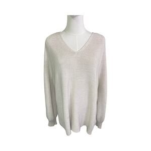 Athleta XL Merino Wool Blend Sweater V-Neck Knit Pullover Beige Tan Lightweight